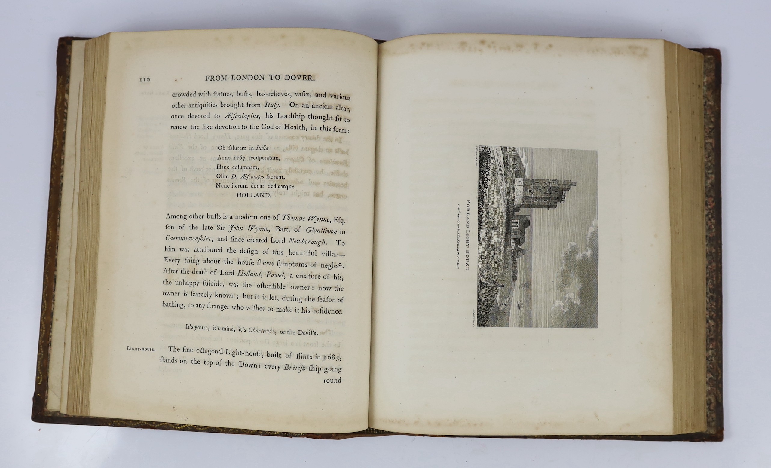 Pennant, Thomas - A Journey from London to the Isle of Wight. 2 vols (in one). 2 large hand-coloured and folded maps, 46 plates (1 d-page); contemp. gilt ruled mottled calf (ra-backed), marbled e/ps., roy.4to. 1801